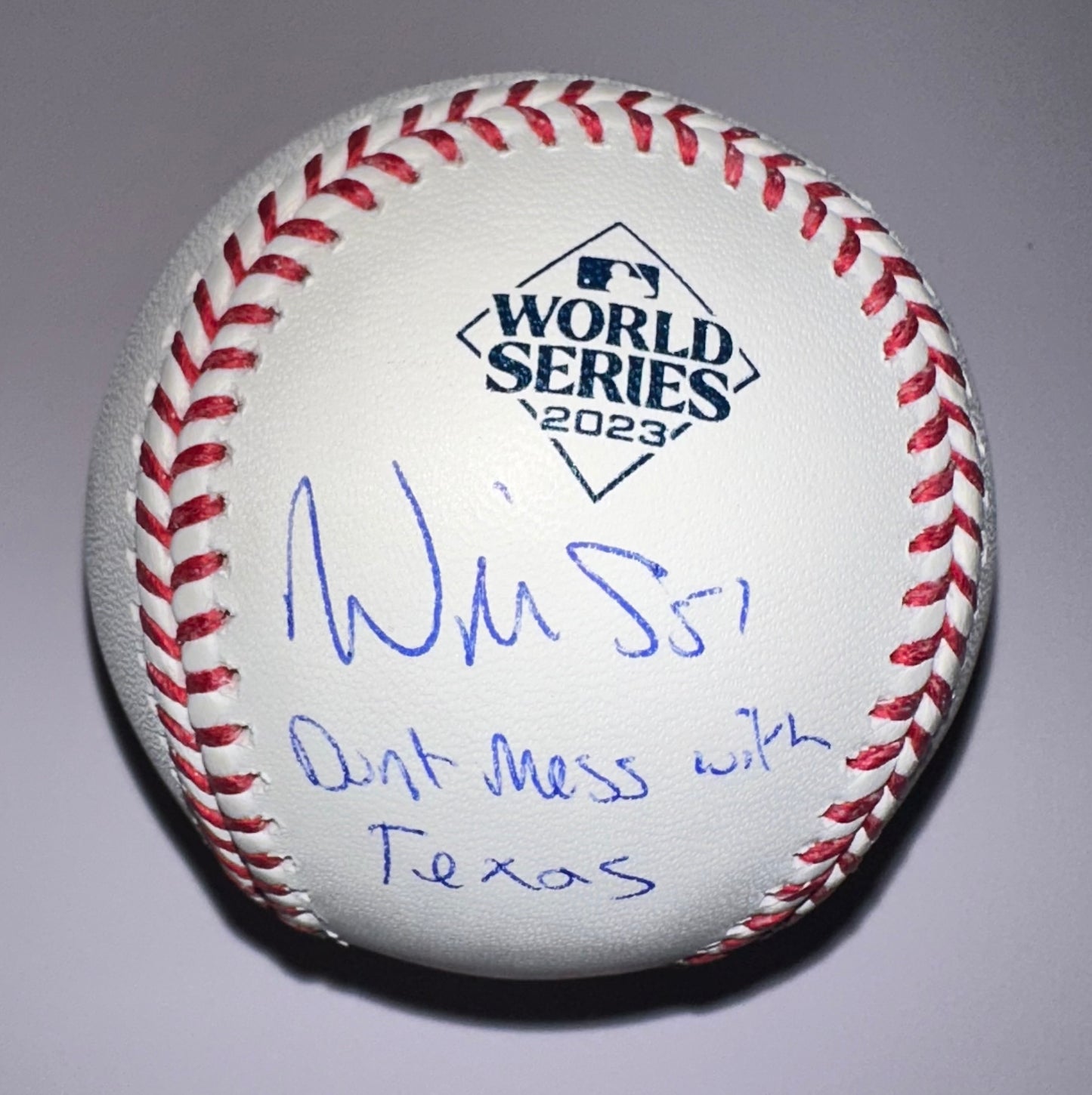 Will Smith Signed 2023 World Series Baseball “Don’t Mess With Texas” Inscription Radtke COA