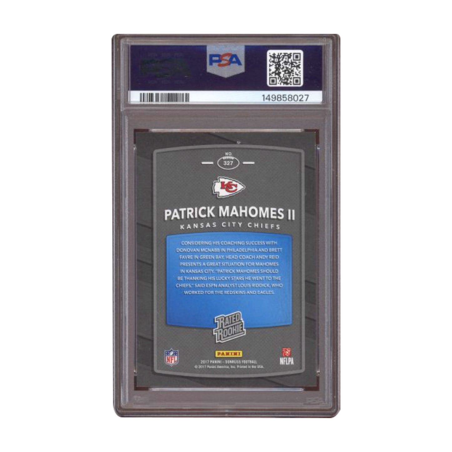 2017 Donruss Rated Rookie RC #327 Patrick Mahomes II Yellow Ink PSA Auto 9