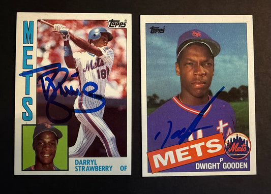 Darryl Strawberry Rookie Card (84 Topps #182) AND Doc Gooden Rookie Card (85 Topps #620) *Signed Lot of 2 Total Cards*