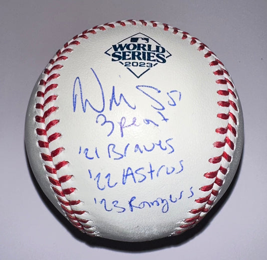 Will Smith Signed 2023 World Series Baseball “3 Peat ‘21 Braves, ‘22 Astros, ‘23 Rangers” Inscription Radtke COA