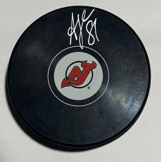 Arseniy Gritsyuk Signed Devils Logo Puck JSA Witness Auth